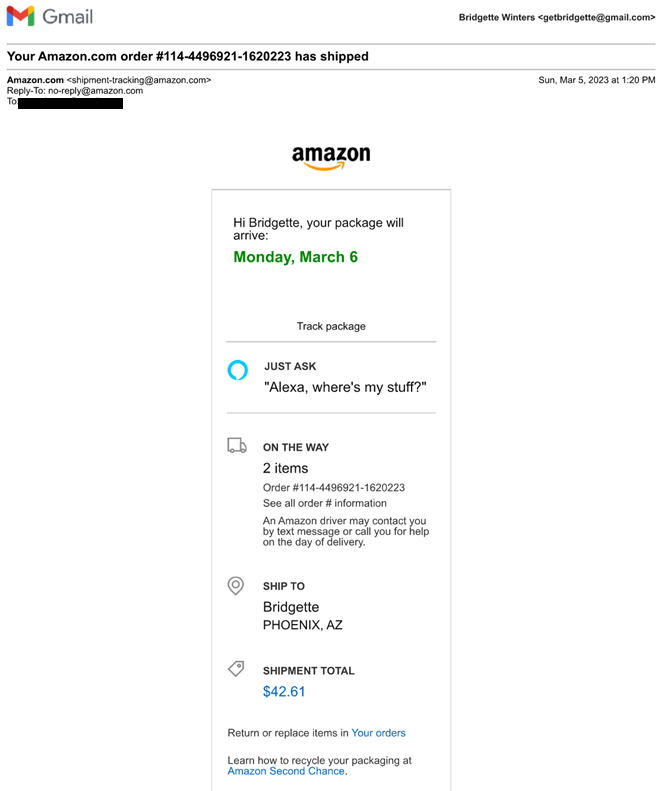 example of an emailed Amazon.com Order Receipt